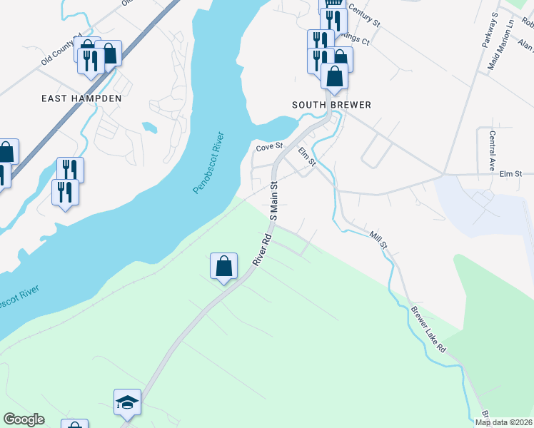 map of restaurants, bars, coffee shops, grocery stores, and more near 645 South Main Street in Brewer