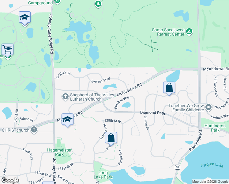 map of restaurants, bars, coffee shops, grocery stores, and more near 5573 126th Street West in Apple Valley