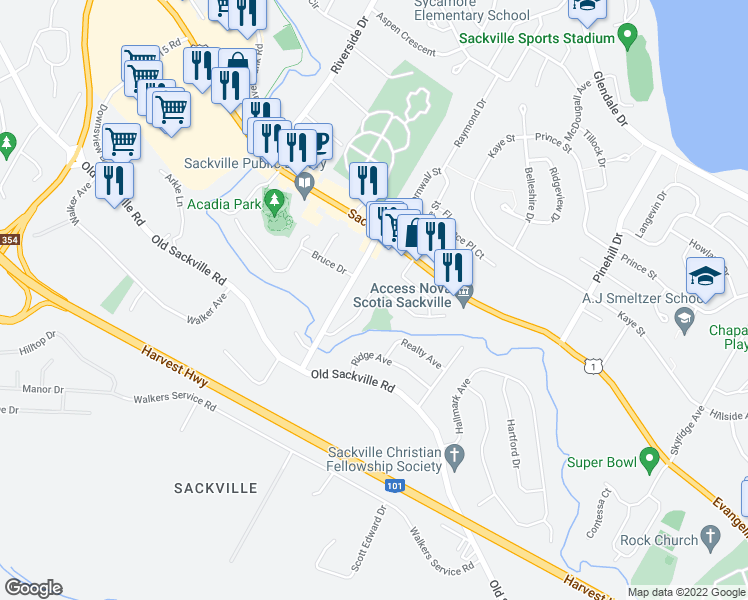 map of restaurants, bars, coffee shops, grocery stores, and more near 45 Seawood Avenue in Lower Sackville