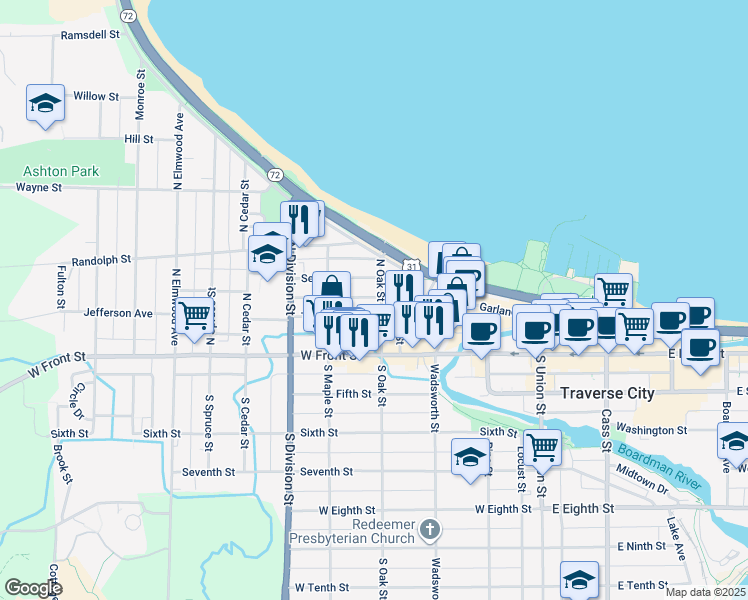 map of restaurants, bars, coffee shops, grocery stores, and more near 441 Second Street in Traverse City