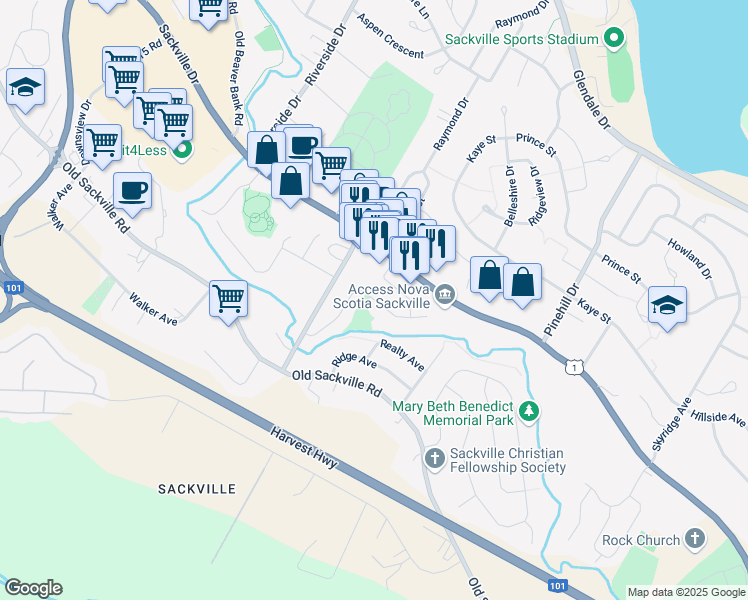 map of restaurants, bars, coffee shops, grocery stores, and more near Seawood Avenue in Lower Sackville
