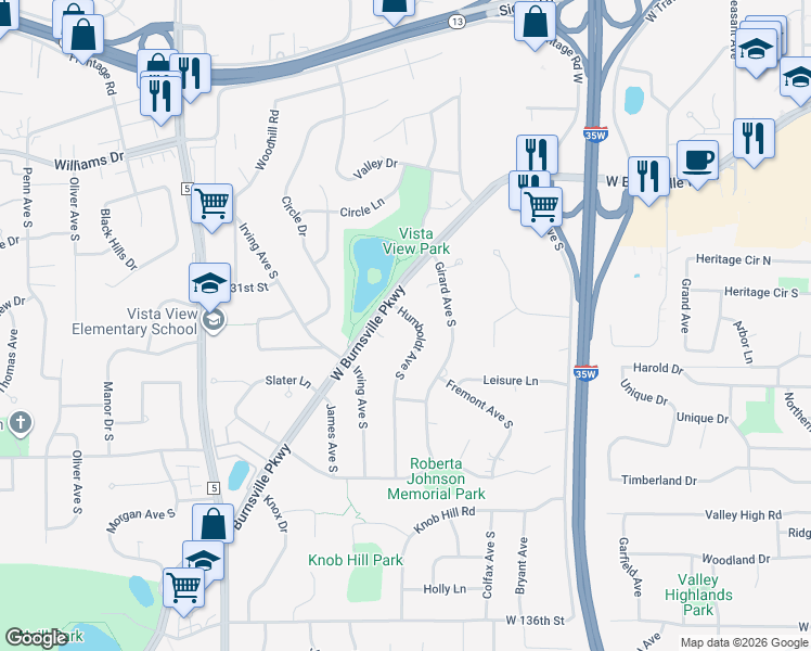 map of restaurants, bars, coffee shops, grocery stores, and more near 13209 Humboldt Avenue South in Burnsville