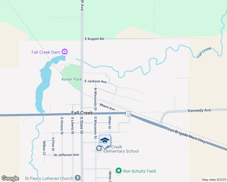 map of restaurants, bars, coffee shops, grocery stores, and more near 302 East Jackson Avenue in Fall Creek