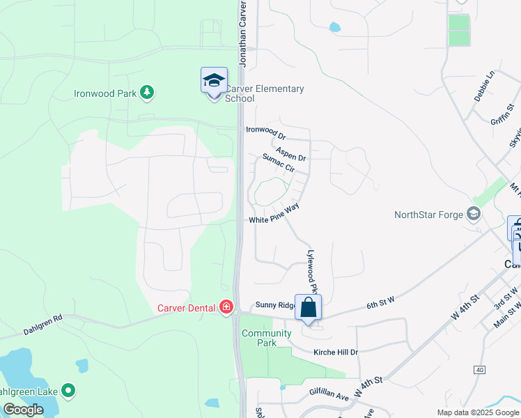 map of restaurants, bars, coffee shops, grocery stores, and more near 1555 Sumac Circle in Carver