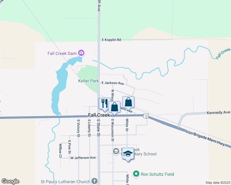 map of restaurants, bars, coffee shops, grocery stores, and more near 214 E Adams Ave in Fall Creek