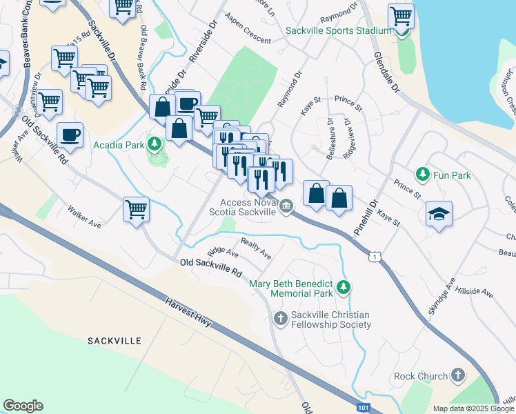 map of restaurants, bars, coffee shops, grocery stores, and more near Leaside Drive in Lower Sackville