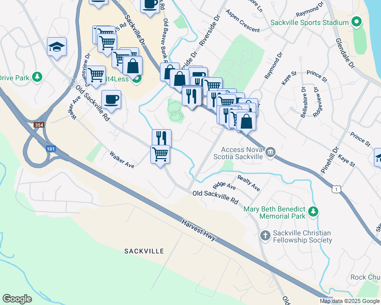 map of restaurants, bars, coffee shops, grocery stores, and more near 75 Sackville Cross Road in Lower Sackville