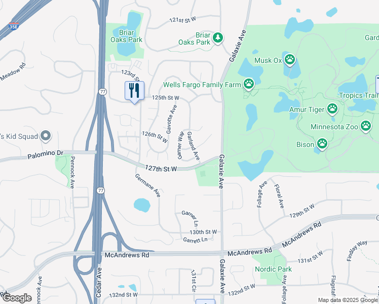 map of restaurants, bars, coffee shops, grocery stores, and more near 7160 126th Street West in Apple Valley