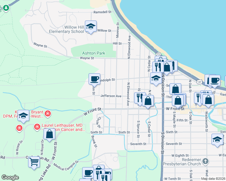 map of restaurants, bars, coffee shops, grocery stores, and more near 216 Monroe Street in Traverse City