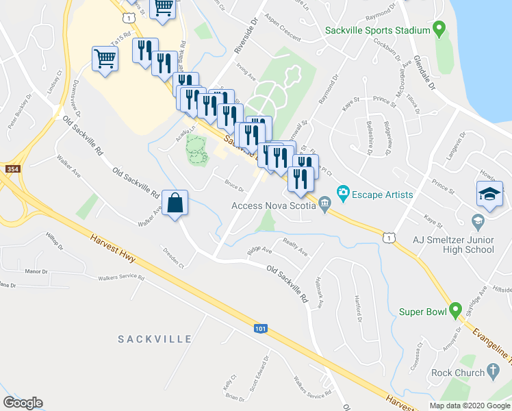 map of restaurants, bars, coffee shops, grocery stores, and more near 46B Seawood Avenue in Lower Sackville