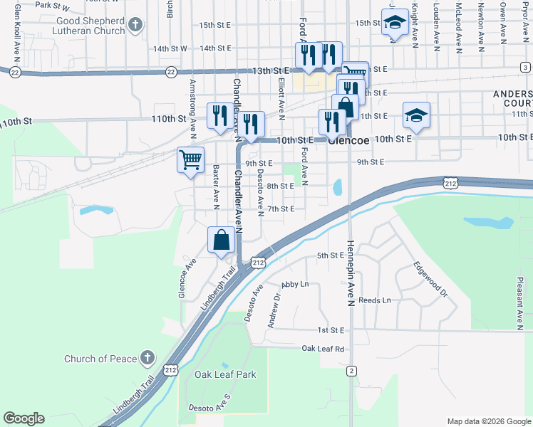 map of restaurants, bars, coffee shops, grocery stores, and more near 628 Desoto Avenue North in Glencoe