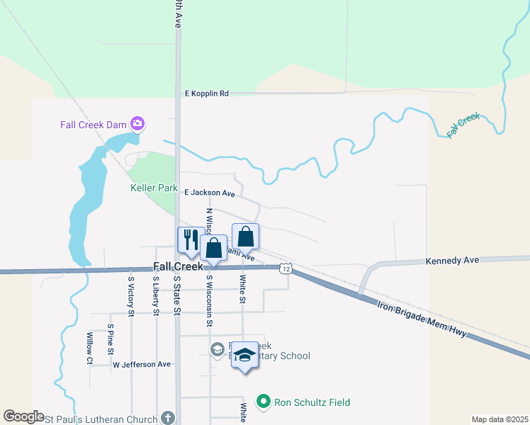 map of restaurants, bars, coffee shops, grocery stores, and more near 302 East Jackson Avenue in Fall Creek