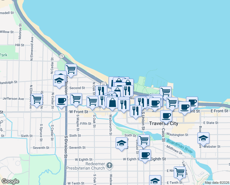 map of restaurants, bars, coffee shops, grocery stores, and more near 301 West Grandview Parkway in Traverse City