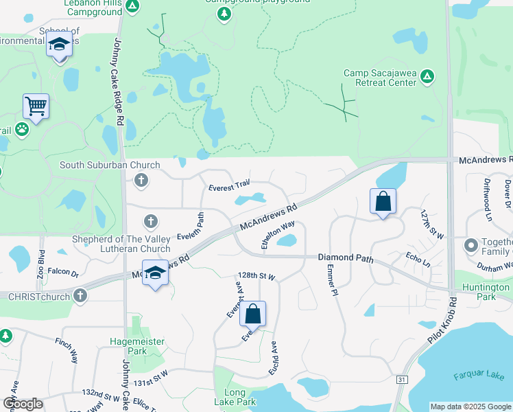 map of restaurants, bars, coffee shops, grocery stores, and more near 5573 126th Street West in Apple Valley