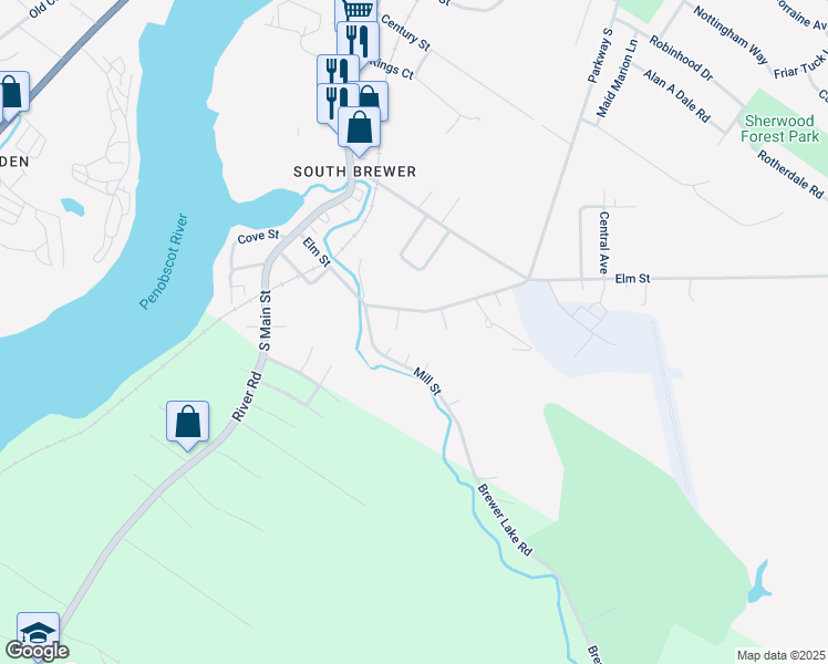 map of restaurants, bars, coffee shops, grocery stores, and more near 75 Elm Street in Brewer