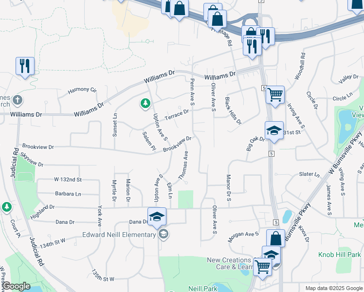 map of restaurants, bars, coffee shops, grocery stores, and more near 13100 Thomas Avenue in Burnsville