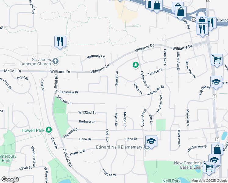 map of restaurants, bars, coffee shops, grocery stores, and more near 2764 Sunset Lane in Burnsville