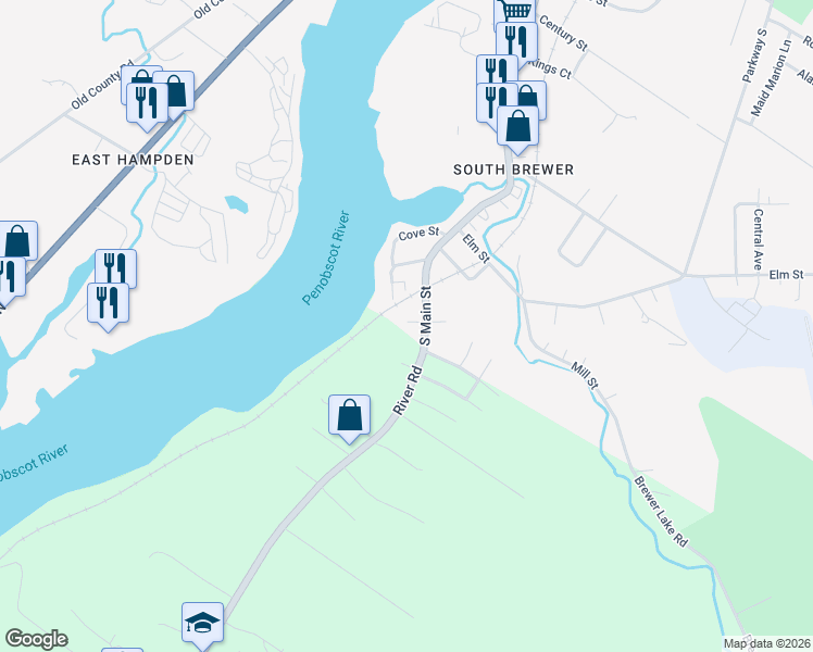 map of restaurants, bars, coffee shops, grocery stores, and more near 645 South Main Street in Brewer
