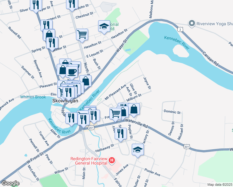 map of restaurants, bars, coffee shops, grocery stores, and more near 64 Mount Pleasant Avenue in Skowhegan