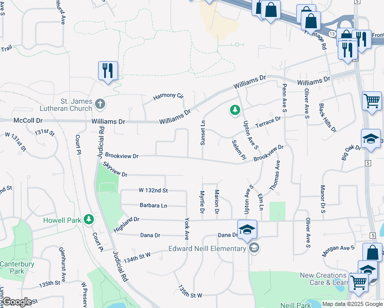 map of restaurants, bars, coffee shops, grocery stores, and more near 2764 Sunset Lane in Burnsville