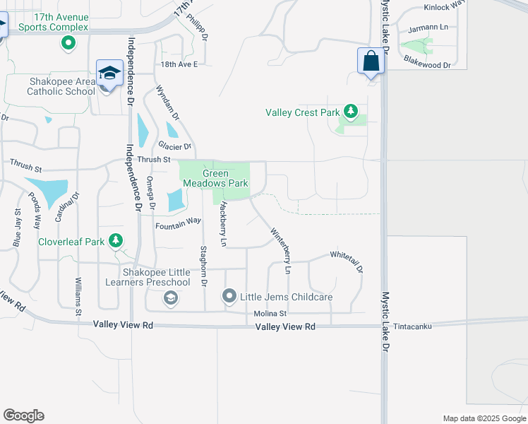 map of restaurants, bars, coffee shops, grocery stores, and more near 2037 Winterberry Lane in Shakopee