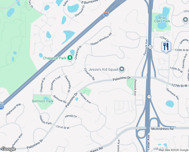 map of restaurants, bars, coffee shops, grocery stores, and more near 115 Cimarron Road in Apple Valley