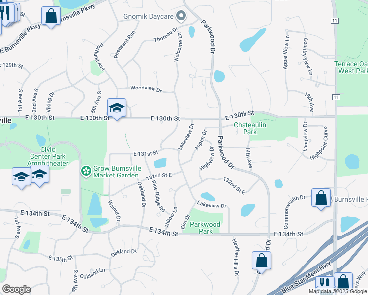 map of restaurants, bars, coffee shops, grocery stores, and more near 13029 Lakeview Drive in Burnsville
