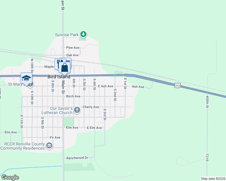 map of restaurants, bars, coffee shops, grocery stores, and more near 220 South 2nd Street in Bird Island
