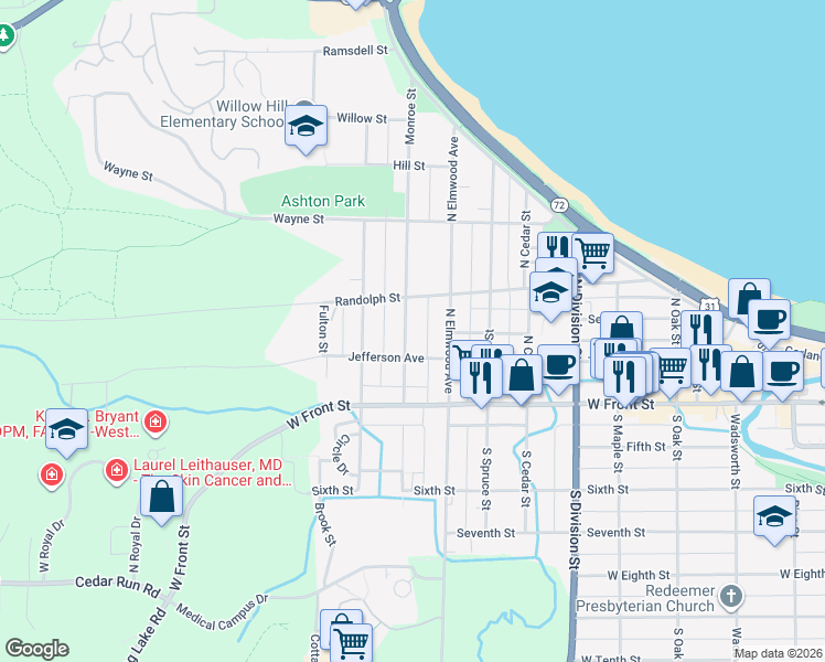 map of restaurants, bars, coffee shops, grocery stores, and more near 216 Monroe Street in Traverse City