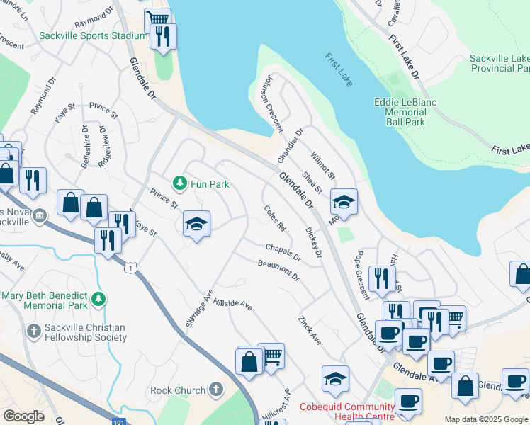 map of restaurants, bars, coffee shops, grocery stores, and more near 52 Coles Road in Lower Sackville