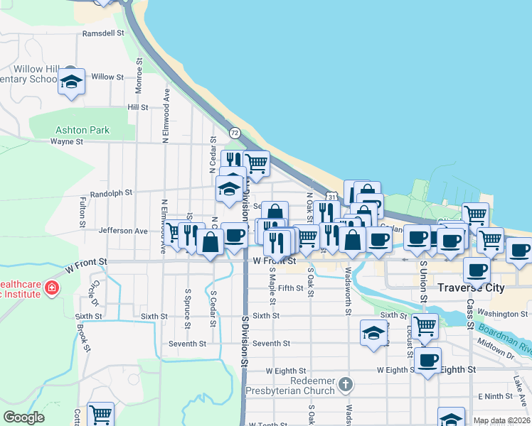 map of restaurants, bars, coffee shops, grocery stores, and more near 607 Second Street in Traverse City