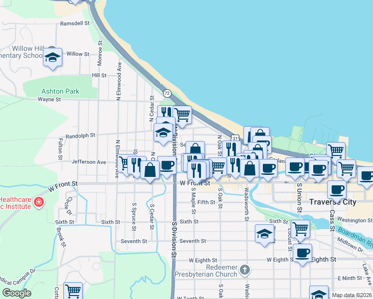 map of restaurants, bars, coffee shops, grocery stores, and more near 607 Second Street in Traverse City