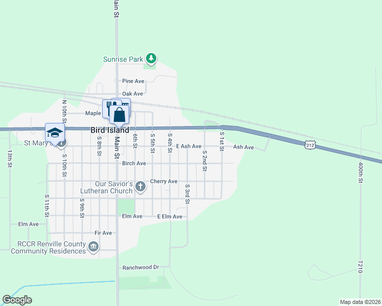map of restaurants, bars, coffee shops, grocery stores, and more near 231 South 3rd Street in Bird Island