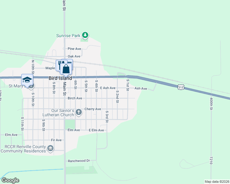 map of restaurants, bars, coffee shops, grocery stores, and more near 220 South 2nd Street in Bird Island