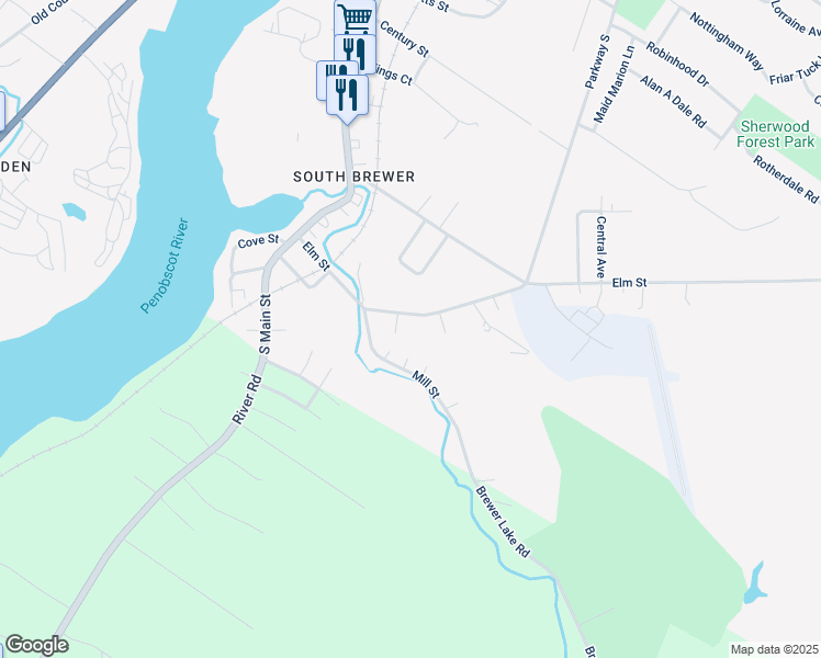 map of restaurants, bars, coffee shops, grocery stores, and more near 75 Elm Street in Brewer