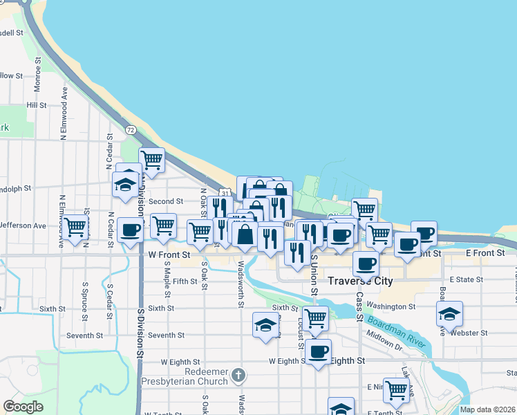 map of restaurants, bars, coffee shops, grocery stores, and more near 301 West Grandview Parkway in Traverse City