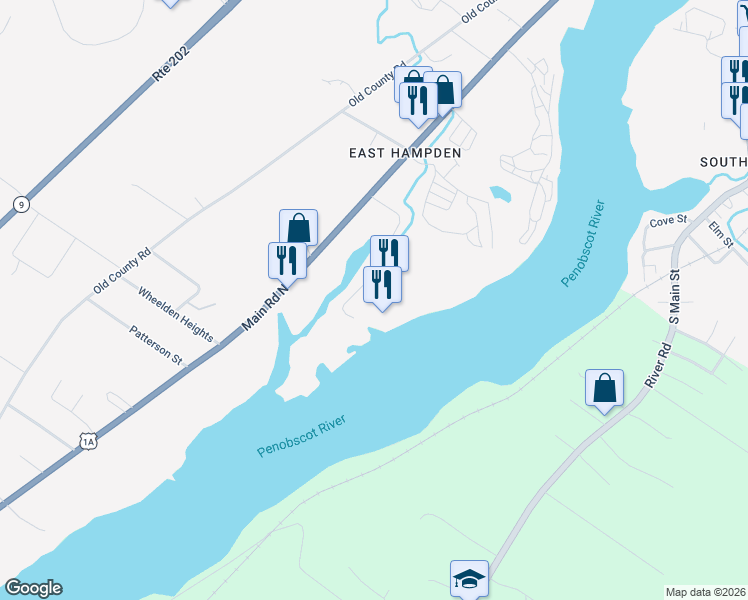 map of restaurants, bars, coffee shops, grocery stores, and more near 100 Marina Road in Hampden