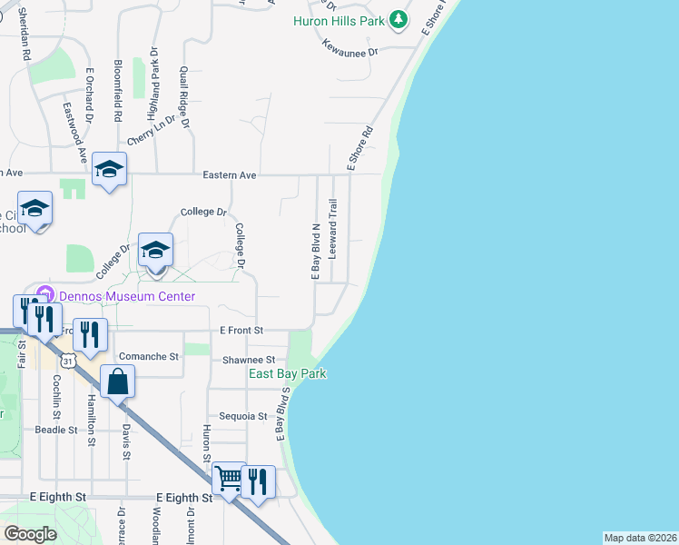 map of restaurants, bars, coffee shops, grocery stores, and more near 201-499 Birchwood Ave in Traverse City