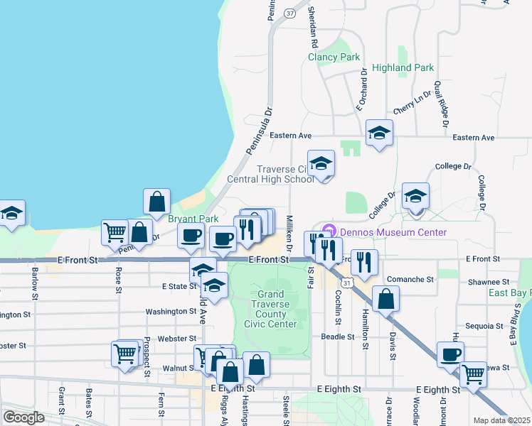 map of restaurants, bars, coffee shops, grocery stores, and more near 1310 Peninsula Court in Traverse City
