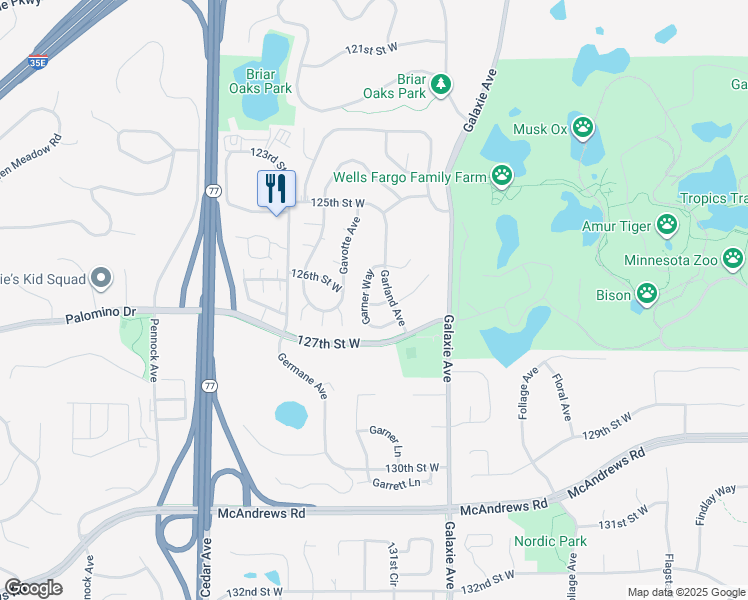 map of restaurants, bars, coffee shops, grocery stores, and more near 7160 126th Street West in Apple Valley