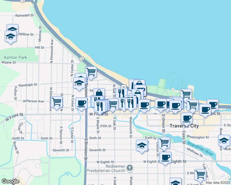 map of restaurants, bars, coffee shops, grocery stores, and more near 441 Second Street in Traverse City