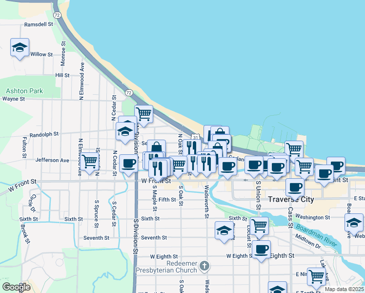 map of restaurants, bars, coffee shops, grocery stores, and more near 441 Second Street in Traverse City