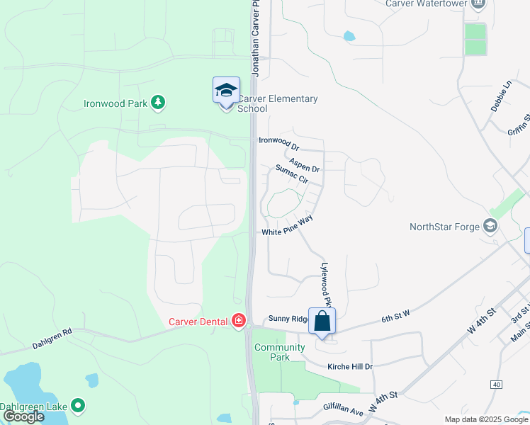 map of restaurants, bars, coffee shops, grocery stores, and more near 1555 Sumac Circle in Carver