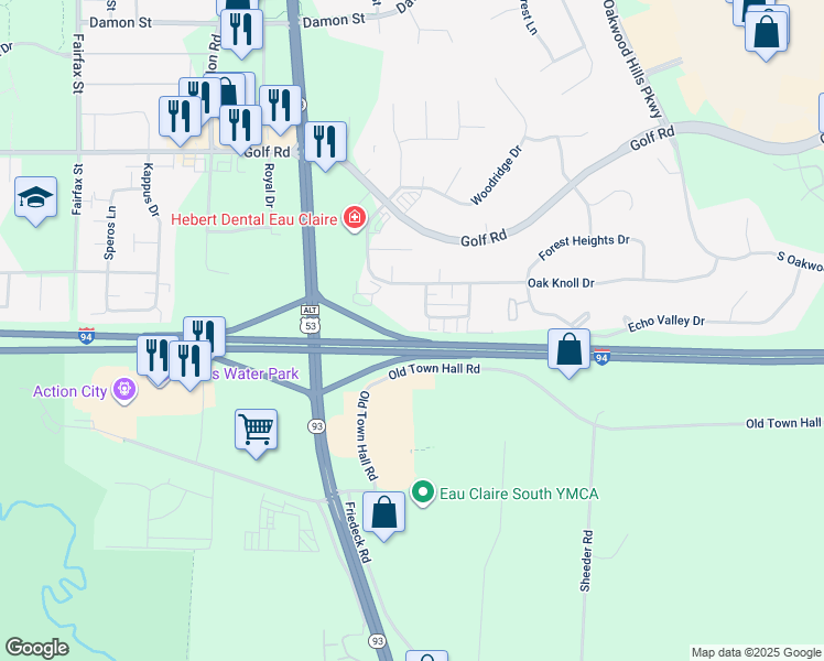 map of restaurants, bars, coffee shops, grocery stores, and more near 4916 Coventry Court in Eau Claire