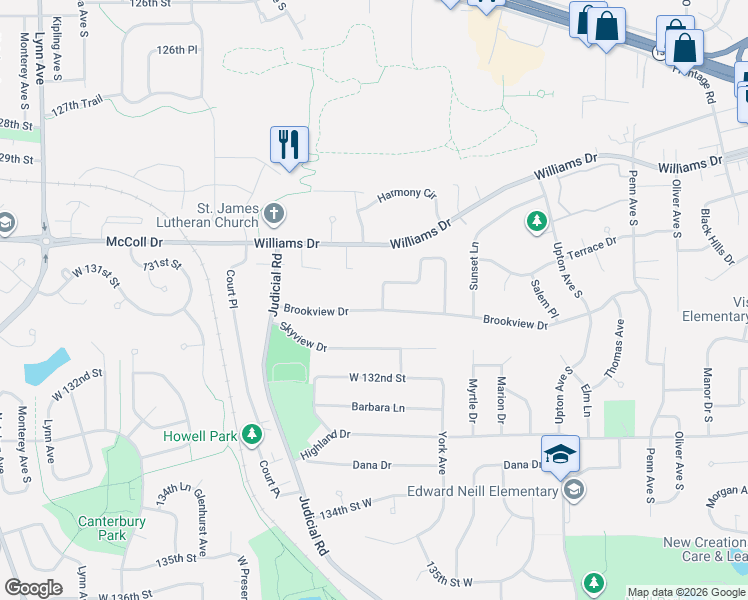 map of restaurants, bars, coffee shops, grocery stores, and more near 3316 Brookview Drive in Burnsville