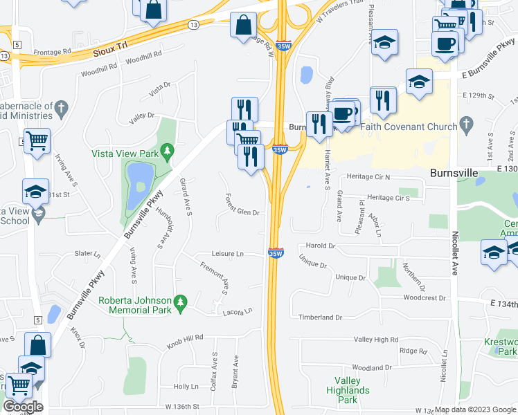 map of restaurants, bars, coffee shops, grocery stores, and more near 13027 Forest Glen Drive in Burnsville