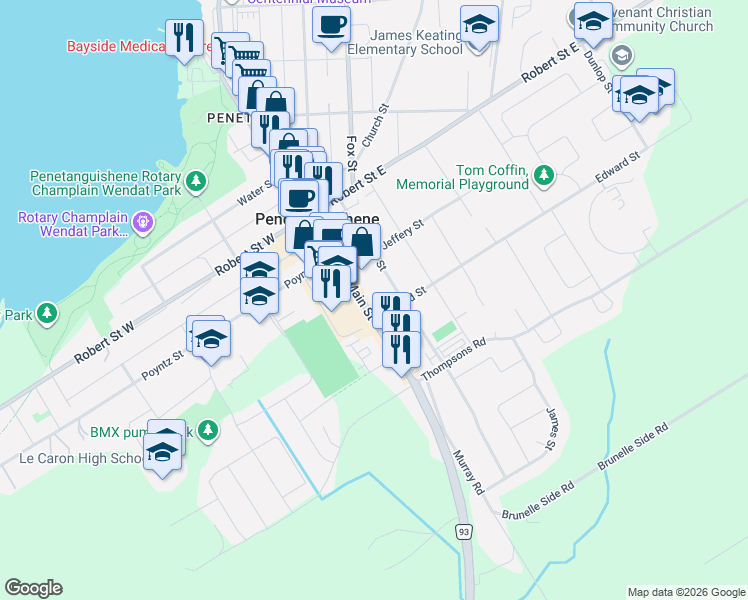map of restaurants, bars, coffee shops, grocery stores, and more near 3 Edward Street in Penetanguishene