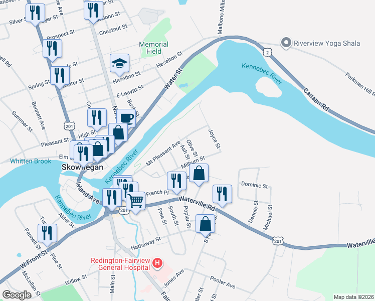 map of restaurants, bars, coffee shops, grocery stores, and more near 14 Ash Street in Skowhegan