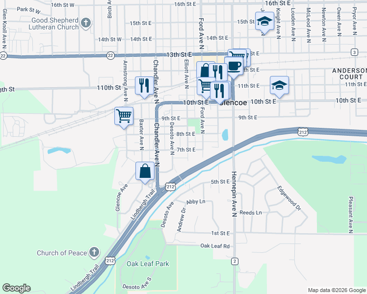 map of restaurants, bars, coffee shops, grocery stores, and more near 628 Desoto Avenue North in Glencoe
