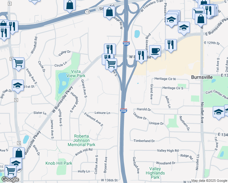 map of restaurants, bars, coffee shops, grocery stores, and more near 13027 Forest Glen Drive in Burnsville
